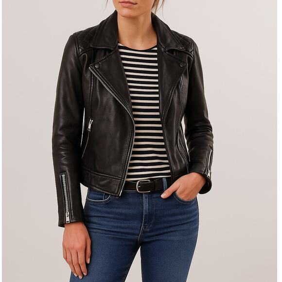 AllSaints Conroy Quilted Leather Zip Biker Jacket Black Asymmetric Size US 4 - Picture 3 of 11